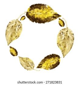 Watercolor yellow leaves round frame, hand drawn imprint vector illustration,  wreath, graphic herbal autumn collection for greeting card, wedding invitation, packaging tea, cosmetic, florist shop