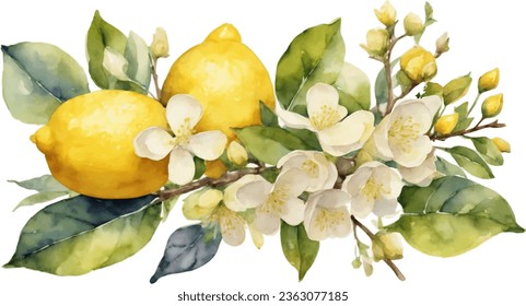 watercolor yellow leom fruit on a branch isolated on white background