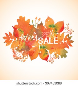 Watercolor yellow, orange, red, green, golden foliage for banner, label, shop tag, seasonal discount, autumn sale, offer, poster, web, promotion Vector illustration eps 10