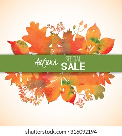Watercolor yellow, orange, red, green, golden foliage for banner, label, shop tag, seasonal discount, autumn sale, offer, poster, web, promotion Vector illustration eps 10