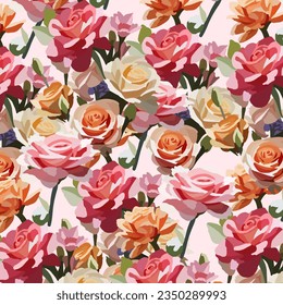Watercolor yellow peach and pink roses pattern new