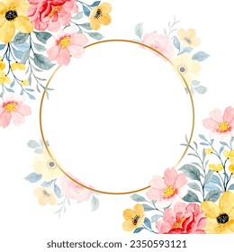 Watercolor yellow pink floral with gold circle for wedding, birthday, card, background, invitation, wallpaper, sticker, decoration etc.
