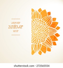 Watercolor yellow sunflower on white background and place for text. Sunny card or invitation with watercolor bright flower. Logo template. Vector illustration