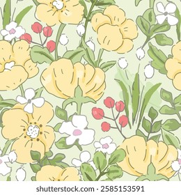 Watercolor yellow white and red flower with green leaf seamless pattern