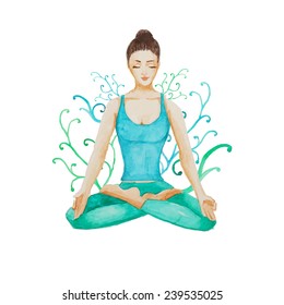 Watercolor Yoga girl. Hand drawn meditation illustration in vector with floral background.