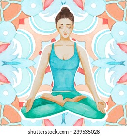 Watercolor Yoga girl. Hand drawn meditation illustration in vector with abstract pattern background.