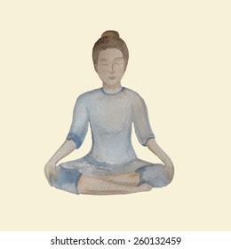 Watercolor Yoga girl. Hand drawn meditation illustration in vector.