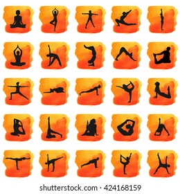  Watercolor yoga. Yoga silhouette set. Silhouette on a beautiful watercolor background