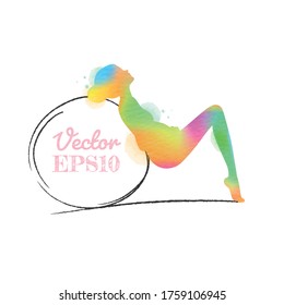 Watercolor of a young pregnant woman engaged in fitness on the fitball isolated on white background.  Watercolor style. Vector illustration.