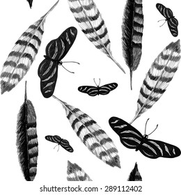 Watercolor Zebra Butterfly & Striped Feather seamless vintage pattern on white background. Watercolor texture. Cloth & rug design. Black & White style vector backdrop.