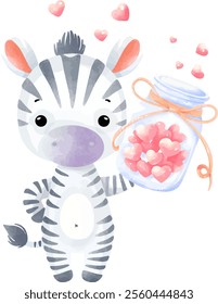 Watercolor Zebra Holding Heart Jar