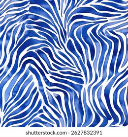 Watercolor Zebra Strurate, blue and white color scheme. grunge lines ikat pattern, striped seamless pattern, Vector illustration background for print the paper.