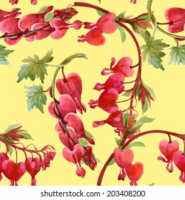 Watercolor Zigokaktus Schlumbergera flowers seamless pattern on yellow background vector