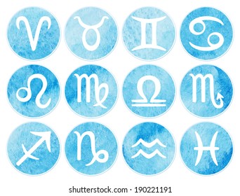 Watercolor zodiac icons set. Vector astrology icons collection