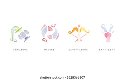 Watercolor Zodiac Signs Set, Sagittarius, Pisces, Aquarius, Capricorn Vector Illustration