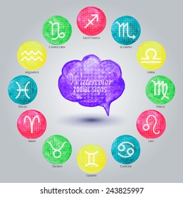 Watercolor zodiac symbol icons on gray background. Vector illustration.