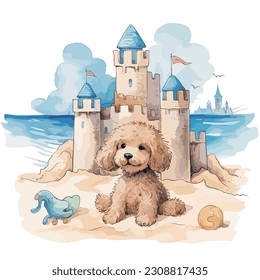 Watercolor_Puppy at the beach with sand castle