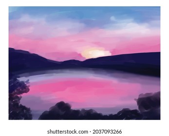 Watercolorbeautiful sunset or sunrise min the lakes
