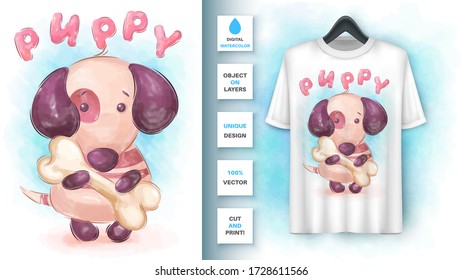 Watercolordog with bone poster and merchandising. Vector eps 10