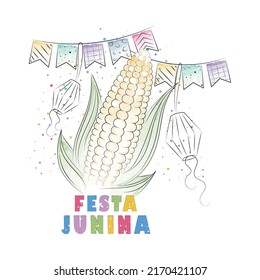 Watercolored corn with party decorations Festa Junina poster Vector