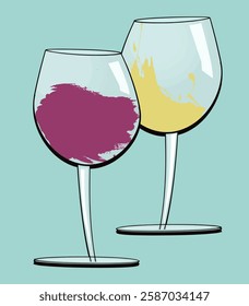 Watercolored glasses of red and white wine are seen isolated on a background in this 3-d illustration.