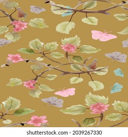 Watercolored pattern with leafs, butterflies an