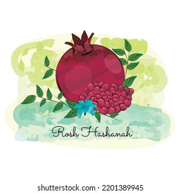 Watercolored pomegranate with leaves Rosh Hashanah Vector