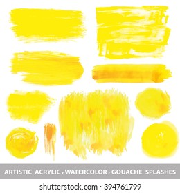 Watercolor,gouache,acrylic hand painting Summer texture brushes,splash,spot, sun shine set.Vector Orange,yellow.Warm ,Bright design template.Vintage summer background.Holiday,vacation,artistic vector