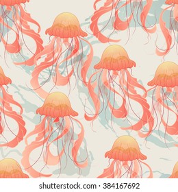 Watercolor-like jelly fishes seamless pattern 