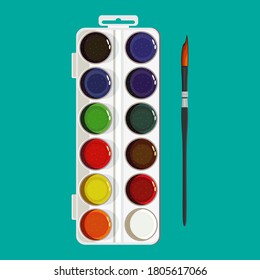Watercolors of 12 colors. With a brush. Flat. EPS 10.
