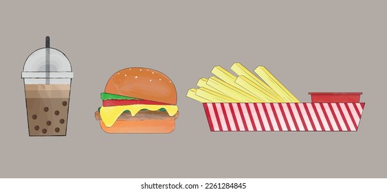 Watercolors fastfood boba tea, burger and french fries vector illustration