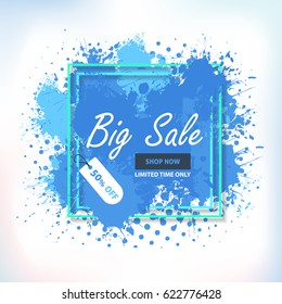 Watercolors with Geometric Frames Style Big Sale Theme Website Banner, Card, Flyer, Tag Ad Design. Colorful Badge Illustration