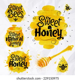 Watercolors honey symbols honeycomb, beehive, spot, keg with lettering