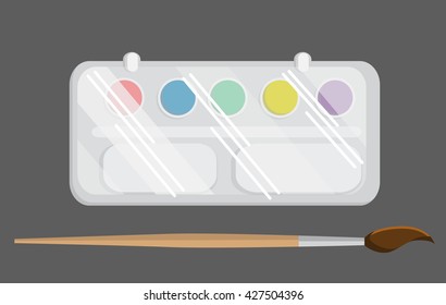 Watercolors and paintbrush. Back to school vector illustration.Color combinations.  Flat design. Flat paints with a brush isolated on a gray background