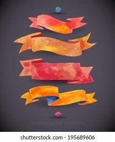 Watercolors ribbons and banners for text. Collection of Watercolor design elements, backgrounds, labels, bubble, ribbon with shadow. Hand drawn abstract colorful stripes. 