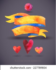 Watercolors ribbons and banners for text. Collection of Watercolor design elements, backgrounds, labels, bubble, ribbon with shadow. Hand drawn abstract colorful stripes. 