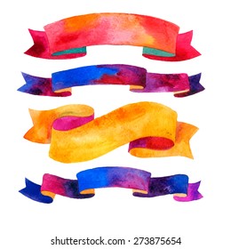 Watercolors ribbons and banners for text. Collection of Watercolor design elements,  ribbons. Hand drawn abstract colorful stripes.
