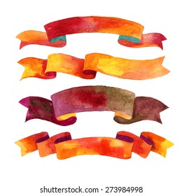 Watercolors ribbons and banners for text. Collection of Watercolor design elements,  ribbons. Hand drawn abstract colorful stripes.