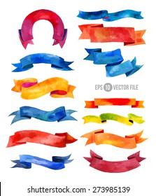 Watercolors ribbons and banners for text. Collection of Watercolor design elements,  ribbons. Hand drawn abstract colorful stripes.