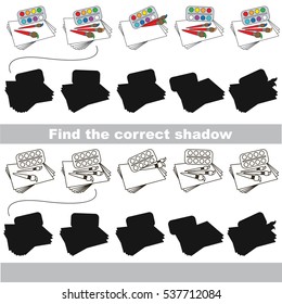 Watercolors with shadows to find the correct one. Game to compare and connect objects and their true shadows, the educational kid gaming, logic game with simple game level for preschool children.