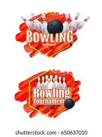 Watercolors Vector Background. Bowling Event Info Postcard Design Sports Ad Web Banner, Realistic Ball and Tenpins Illustration