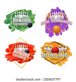 
Watercolors Vector Background. Bowling Poster, Event Info Postcard Design Sports Ad Web Banner or Card Template
Set