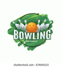 Watercolors Vector Background. Bowling Poster, Event Info Postcard Design Sports Ad Web Banner or Card Template
