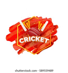 Watercolors Vector Background, Cricket Poster Event Info Postcard Design and Sports Ad Web Banner or Card Template, Cricketer Ball and Stick Illustration