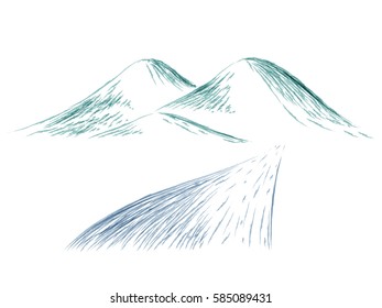 watercolors vector green mountains and pathway spring landscape outline illustration linear style