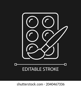 Watercolors white linear icon for dark theme. Paint set for beginners. Painting supplies. Thin line customizable illustration. Isolated vector contour symbol for night mode. Editable stroke