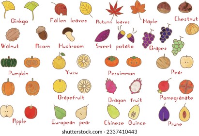 Watercolor-style autumn-themed food and fallen leaves icon set.