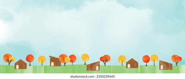 Watercolor-style background illustration with a blue sky and autumn foliage-lined city street and landscape.
