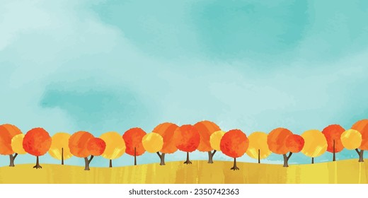Watercolor-style background illustration with a blue sky and autumn foliage-lined path.
