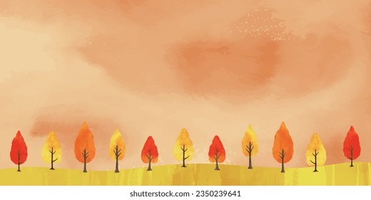 Watercolor-style background illustration with a fall sky and autumn foliage-lined path.
